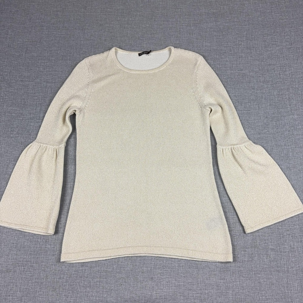 J. McLaughlin Sweater Womens S White Bell Sleeve Crew Neck Tight-Knit Pullover